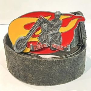 Vintage Diesel Leather Belt With Enamel Motorcycle Buckle Unisex Made In Italy